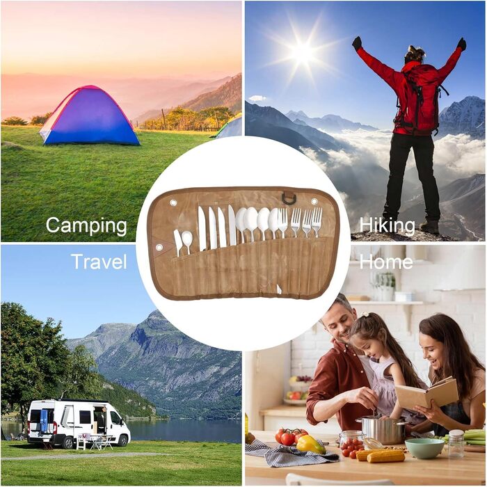 Набір із 14 виделок та ложок, сумка для столових приборів для використання на вулиці, набір столових приборів для кемпінгу, дорожні столові прибори з сумкою для зберігання, портативний набір столових приборів для кемпінгу, багаторазовий, для пікніків та в
