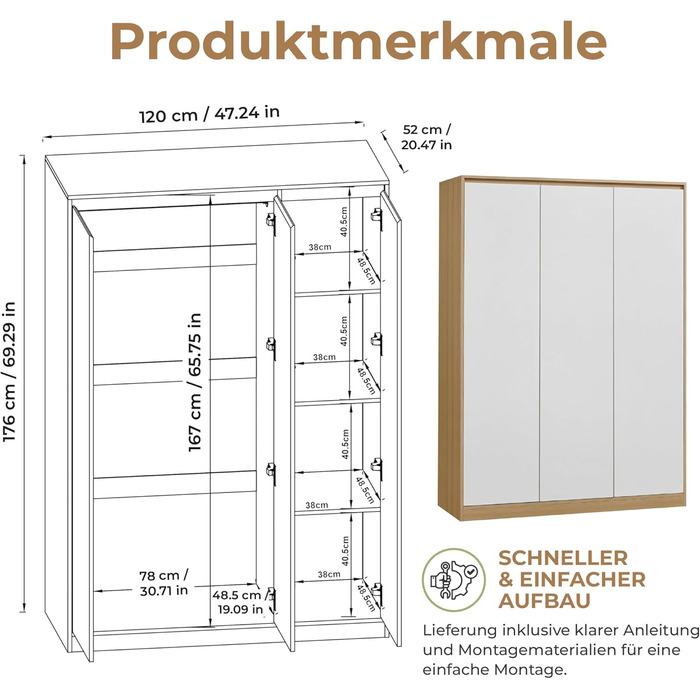 Шафа Bastheim, 3-дверна шафа, 176 x 120 x 52 см, Шафа для спальні з 1 рейкою для одягу та 4 полицями, колір дуба/білий, 176 x 120 x 52 см - 4 полиці