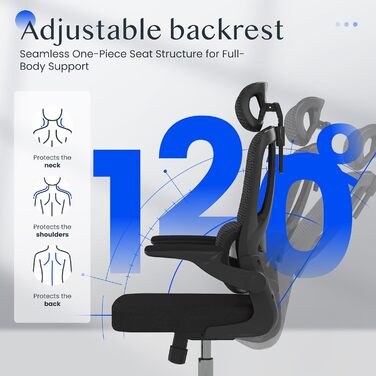 Ергономічне офісне крісло FLEXISPOT, письмове крісло з 2D-підголівником, складними підлокітниками та динамічною поперековою опорою, крісло з функцією гойдання 120 для домашнього офісу, кабінету, офісу (чорне) Lite (чорна піна)