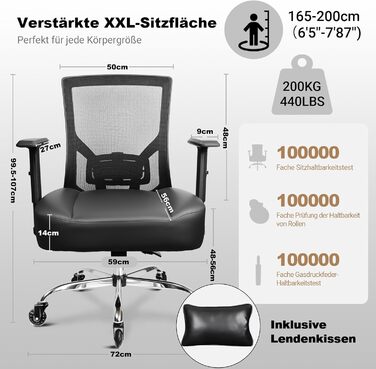 Офісний стілець 200 кг XXL, надзвичайно широке та надзвичайно товсте сидіння з пружинним сердечником, гумові ролики, регульована поперекова опора, безступінчасте блокування нахилу, ігровий та офісний поперекова подушка в комплекті Чорний - подушка сидіння