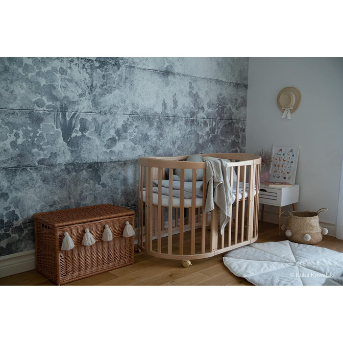 Дитяче ліжко Waldin Oval, комплект трансформованого 7-в-1, ліжечко, дитяче ліжечко з матрацом, пеленальний столик, приліжкове ліжечко, натуральне дерево, комплект тканини не входить до комплекту