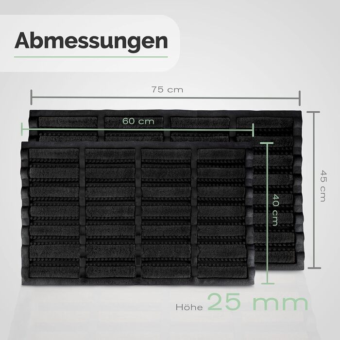 Килимок для дверей Entrando з гуми та кокосу, чорний, 45x75 см міцний килимок для вулиці, патіо, майстерні та гаража всепогодний, нековзний та міцний килимок для дверей, чорний, 45 x 75 см