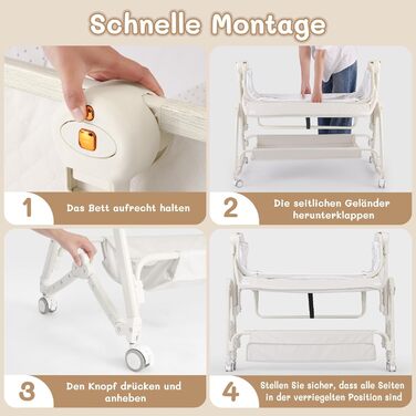 Дитяче ліжечко HOLAVIDA 5-в-1, регульована по висоті колиска, дитяча колиска з пеленальний столик, кошик для зберігання, москітна сітка, матрац, портативне дорожнє ліжечко для новонароджених/малюків (бежевий)