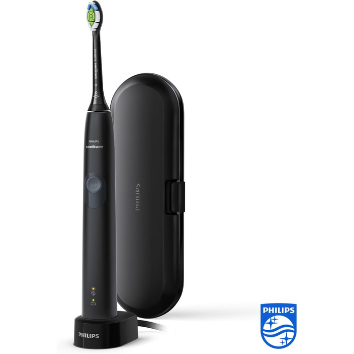 Електрична зубна щітка Philips Sonicare ProtectiveClean 4300 - звукова зубна щітка з насадкою для щітки W2 Optimal White, дорожнім футляром і зарядною док-станцією, чорна (модель HX6800/87)