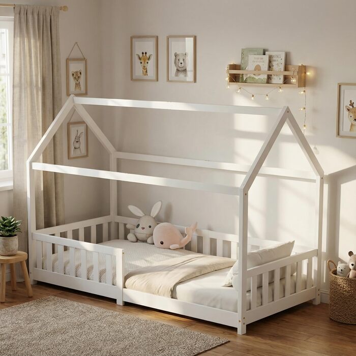 Дитяче ліжко ecomi 80x160 Ліжко на підлозі Дитяче ліжко-ліжко-будиночок із захистом від падіння та рейковою основою для дітей Дитячі ліжка для дівчаток та хлопчиків Масив сосни білого кольору 80x160 Білий