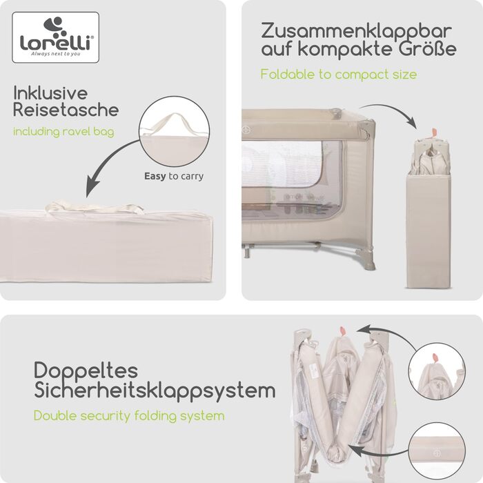 Дитяче ліжечко Lorelli з балдахіном та колесами, 2 в 1 дитяче ліжечко та манеж Sweet Home, ліжечко від народження до 15 кг, бічний вхід, складне, включаючи сумку для перенесення, бежевий
