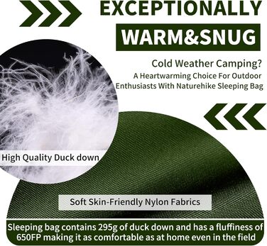 Натуральний пуховий спальний мішок Naturehike, ультралегкий, компактний портативний конверт 650 FP, зимовий спальний мішок на 3-4 сезони з невеликим розміром упаковки для кемпінгу на свіжому повітрі CW295-армійський зелений-650FP
