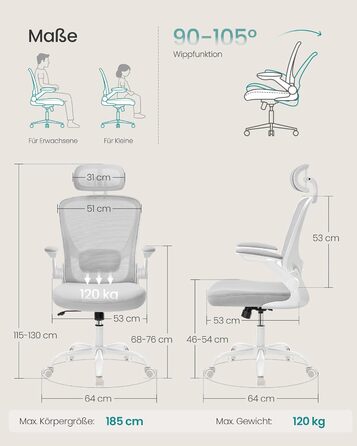 Ергономічне офісне крісло SONGMICS, обертове крісло з сіткою, поперековим відділом хребта та підголівником, функція гойдання, розмір сидіння 53 см, складні підлокітники, для роботи та спальні, для студентів, колір голубий сірий OBN047G01