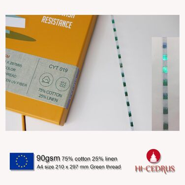 Діловий папір, 90 г/м, 75 бавовна, 25 льон, формат A4, білий друкарський папір, 100 аркушів із зеленою ниткою та УФ-волокнами (легкий)