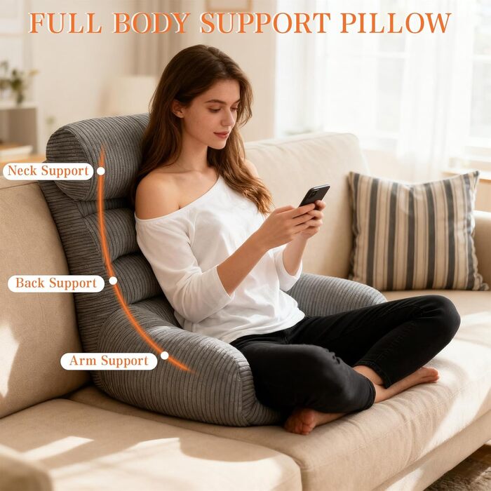 Подушка для читання зі спинкою для дорослих з підлокітниками. Знімний чохол, який можна прати. Зручна підтримка спини. Зручна для сидіння, читання або перегляду телевізора на підлозі чи дивані (темно-сіра)