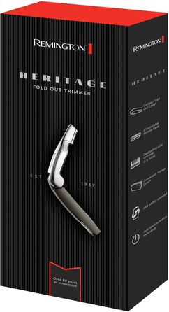 Тример для бороди Remington Heritage у дизайні бритви (складне, точне лезо 25,5 мм, двосторонні насадки-гребінець, працює від батарейок, сумка для зберігання) Тример для бороди, MPT1000