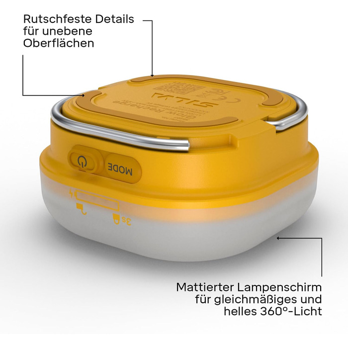Акумуляторний світлодіодний ліхтар для кемпінгу Silva Glow - Акумуляторні кемпінгові та вуличні лампи та ліхтарі з USB-C - 350 люменів та 4 рівні яскравості - Біле та тепле кемпінгове світло - Час горіння 156 годин - Водонепроникний вуличний ліхтар жовтог