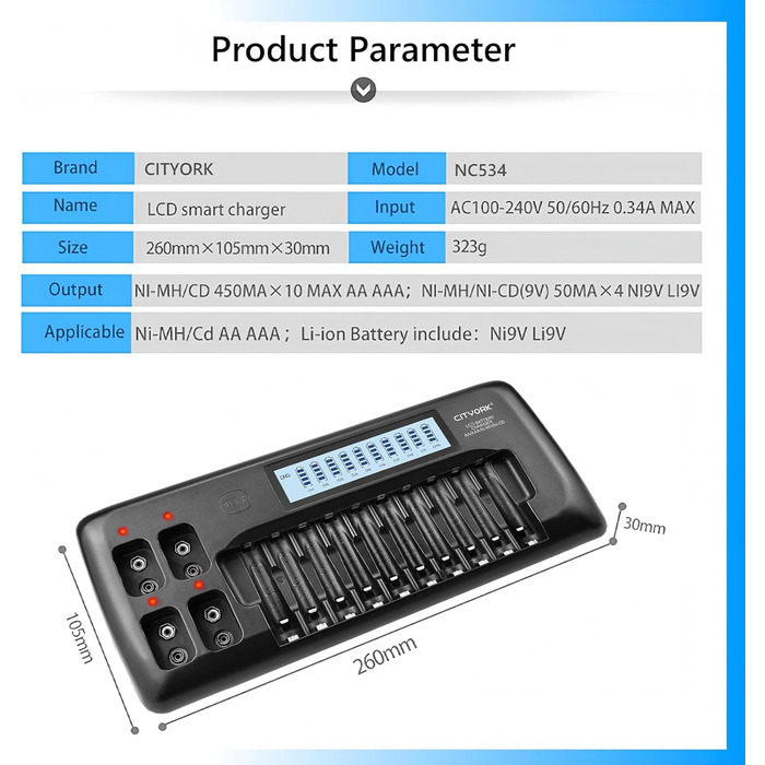 Зарядний пристрій CITYORK з 104 слотами та РК-дисплеєм для акумуляторних батарей 1,2 В AA/AAA Ni-MH та акумуляторних батарей 9 В Ni-MH/Li-ion з вбудованим захистом IC