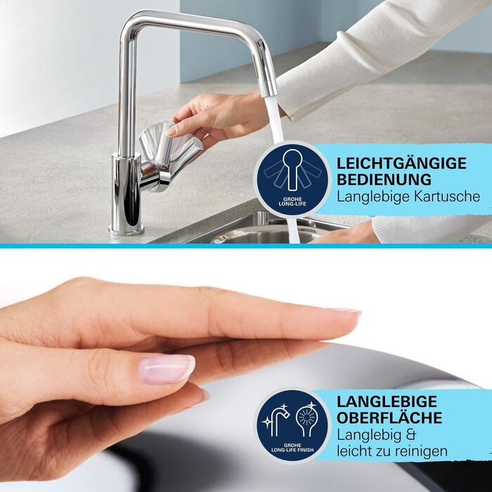 Кухонний змішувач GROHE Start Flow з високим виливом, поворот на 360, легкий монтаж без інструментів, хром, 31555001
