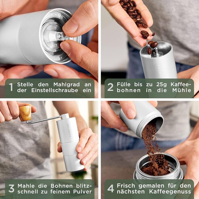 Кавомолка WALDWERK - Ручна кавомолка з точними жорнами з нержавіючої сталі - Конусна кавомолка з дерев'яною ручкою - Кавомолка для