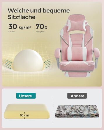Ігрове крісло SONGMICS, офісне крісло з підставкою для ніг, робоче крісло з підголівником та поперековою подушкою, регульована висота, ергономічне, вантажопідйомність до 150 кг, пастельно-рожевий OBG073P01 пастельно-рожевий кремово-білий