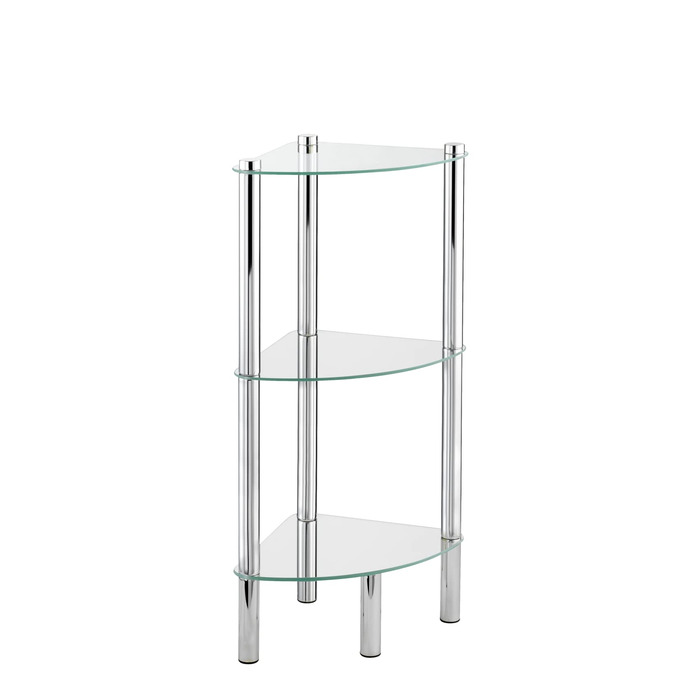 Кутова полиця WENKO Модель Yago з 3 скляними полицями, Кутова полиця для ванної кімнати з нержавіючої сталі та скла, 30 x 74 x 30 см, Компактне сховище для ванної кімнати, 3 яруси