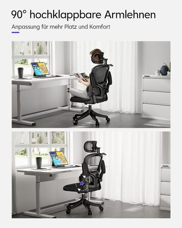 Ергономічне офісне крісло TUKAILAi, крісло керівника з поперековою опорою та підголівником, регульоване, підлокітники, що складаються на 90, висока спинка, сітчасте поворотне крісло для роботи вдома (чорне)