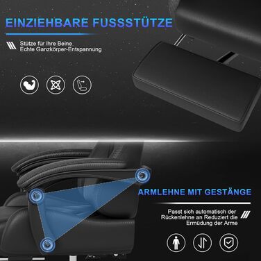 Ігрове крісло JUMMICO з масажем, ергономічне офісне крісло з масажною поперековою подушкою, ігрове крісло з регульованою спинкою 90-135 та підставкою для ніг, ігрове крісло з вантажопідйомністю 150 кг, чорне, маленьке