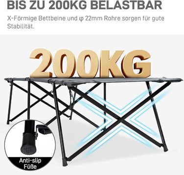 Розкладне похідне ліжко EVER ADVANCED XXL, вантажопідйомність 200 кг, 214 x 79 x 50 см, широке похідне ліжко з бічною кишенею, стабільне та портативне для кемпінгу, подорожей, саду, використання на вулиці та в приміщенні, сіре