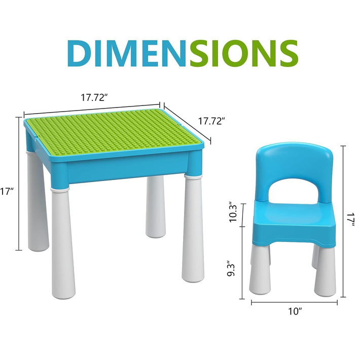 Дитячий ігровий набір burgkidz 5-в-1 - 128 елементів, сумісний з іграшками-конструкторами, ігровий стіл включає 1 стілець та стіл із будівельних блоків із місцем для зберігання, зелена основа/синій колір