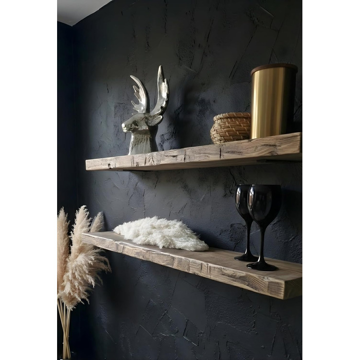 Антикварна настінна полиця з масиву дерева полиця у вінтажному стилі зістареного вигляду плаваюча або зі сталевими кронштейнами кухня, вітальня, тераса (100 см)