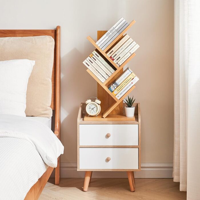 Книжкова полиця YMYNY у формі дерева, 4-рівнева перегородка для кімнати, сучасна дерев&39яна полиця для книг/фільмів/компакт-дисків, вузька підставка для спальні, домашнього офісу, натуральний колір HBC014N 60 см 4 яруси натурального кольору