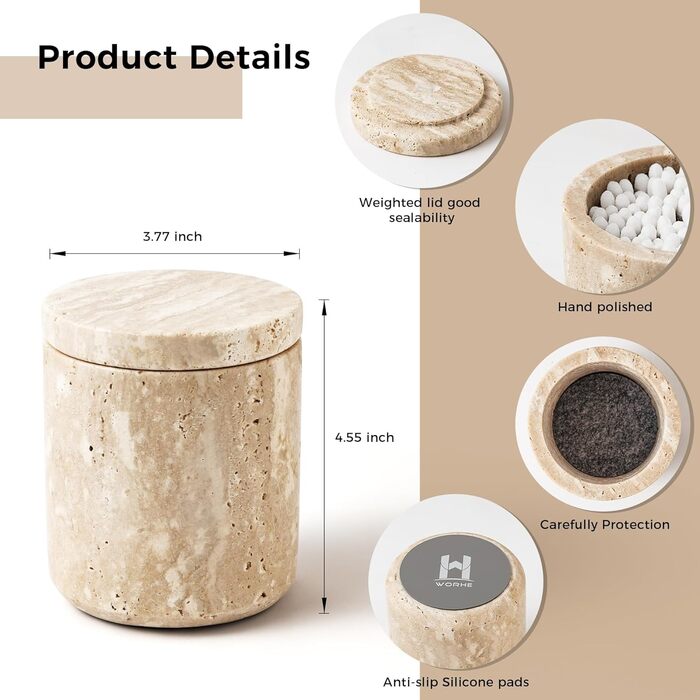 Контейнер для ватних паличок WORHE Q-Tip Marble, тримач для ватних паличок з натурального мармуру з кришкою, ємність для зберігання ватних паличок, ватних кульок, подушечок для макіяжу, натуральний мармуровий білий (DE WH050)