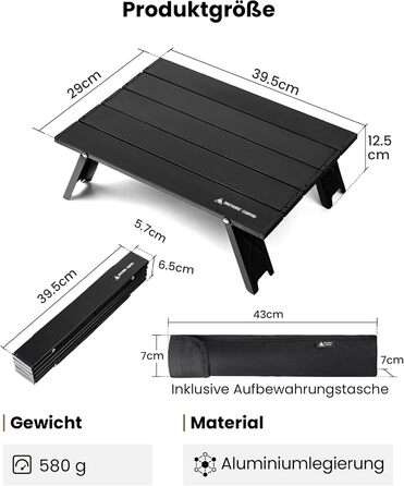 Складаний кемпінговий стіл OneTigris, маленький алюмінієвий, складний кемпінговий стіл, надлегкий портативний вуличний стіл, вантажопідйомність до 30 кг для використання на свіжому повітрі, для походів (39,5 x 29 x 12,5 см)