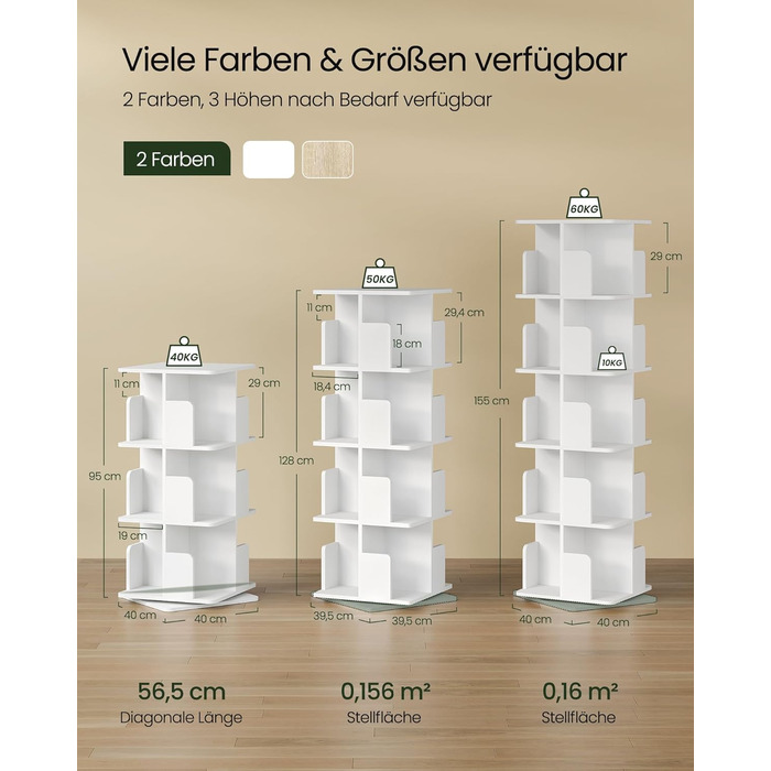 Обертова книжкова полиця EUGAD, кімнатна перегородка, полиця на місці, обертова полиця, офісна полиця, декоративна полиця, вільно обертається на 360 з 4 полицями для спальні, офісу, МДФ, білий, 39,5 x 128 x 39,5 см, 4 полиці (39,5 Ш x 128 В x 39,5 Г см), 