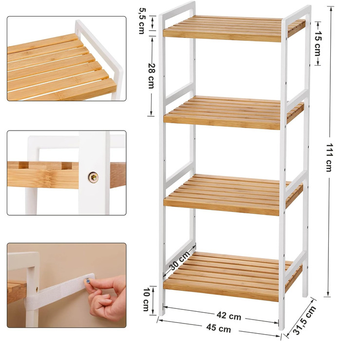 Бамбукова полиця SONGMICS, кухонна полиця, полиця для ванної кімнати, книжкова полиця, окремостояча полиця з 4 полицями, 31,5 x 45 x 111 см, для ванної кімнати, кухні, вітальні, спальні, балкону, натурально-білий BCB74WN Натуральний білий 4 рівні (111В см