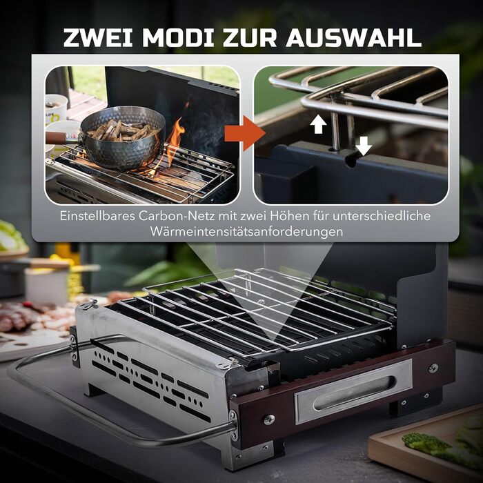 Портативний складаний гриль CHANGEMOORE, 46 см складаний гриль на вугіллі, регульована висота карбонової сітки, нержавіюча сталь 304, настільний гриль на вугіллі, ідеально підходить для кемпінгу, караванінгу та грилювання на свіжому повітрі