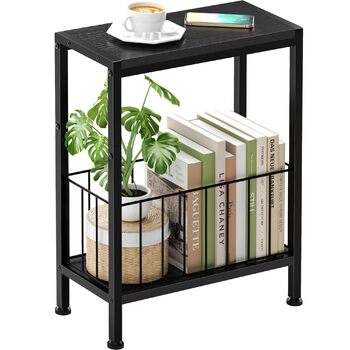 Вузький приставний столик, тонкий приставний столик з полицею для журналів, 2 полиці, вузька тумбочка біля ліжка, маленький журнальний столик для вітальні, спальні, кабінету, 20 x 43 x 58 см (Чорний)