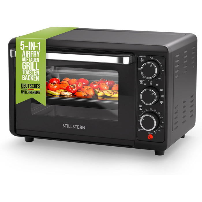 Міні-духовка Stillstern з конвекцією (18 л) Німецька версія, вставка для фритюрниці, деко, рукавиці, буклет з рецептами, внутрішнє освітлення, 1300 Вт, тостер гриль Піч для піци Міні-піч ідеально підходить для кемпінгу