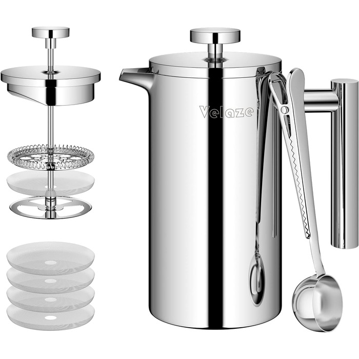 Кавоварка з нержавіючої сталі френч-прес Velaze, кавоварка 350 мл на 2-3 чашки, французький кавоварський прес з подвійними стінками, елегантний дизайн, кавник з 5 фільтрами з нержавіючої сталі та 1 ложкою 350 мл