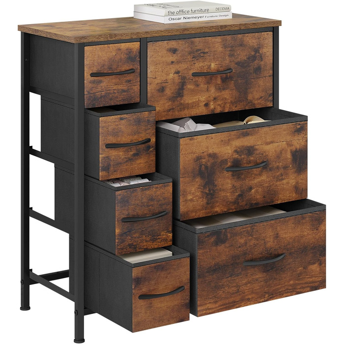 Комод WOLTU з 7 тканинними шухлядами, велика місткість, міцний металевий каркас, для вітальні, спальні, коридору, вінтажний коричнево-чорний, 63,5x30x73 см, SSK008shm Вінтажний вигляд дерева, 7 тканинних шухляд