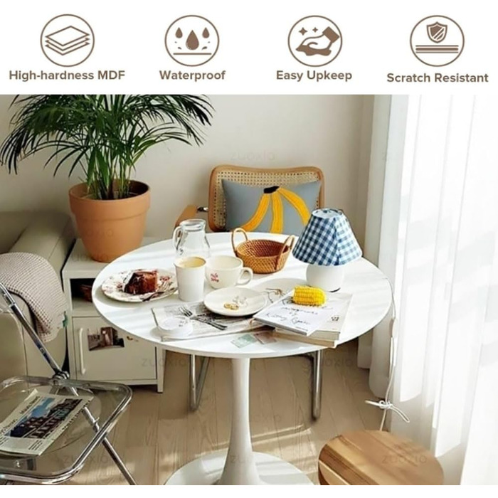 Сучасний круглий білий стіл, простий обідній стіл для відпочинку, скандинавський журнальний столик, столик для молочного чаю, стіл для переговорів, стиль тюльпан, балконний столик, невеликий круглий столик та стільці (розмір 70 см, колір білий)