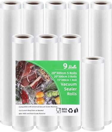 Вакуумний пакувальник Tallgoo Bag 9 рулонів вакуумної плівки для упаковки, вакуумний пакет для їжі, міцний і стійкий до розриву, без BPA, термозбіжна плівка для вакуумного пакувальника для всіх вакуумних пакувальників, киплячий і су-від, 15/20/28 x 300 см