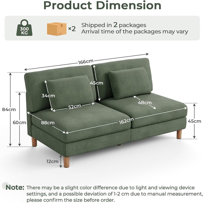 Місний диван Vesgantti Cord без підлокітників, 166 см. Сучасний тримісний диван з подушками, комбінований диван, ідеально підходить для вітальні, спальні, офісу, збирається без інструментів, 166 * 88 * 84 см. Зелений 3-місний диван., 3-