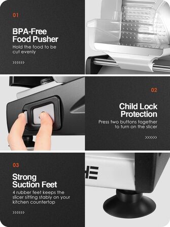 Електричний нарізувач їжі YASHE SL-518 - Нарізка для м'яса та хліба потужністю 250 Вт з регульованою товщиною 0-15 мм, 2 знімними лезами з нержавіючої сталі 19 см, запобіжним замком і всмоктувальної основою