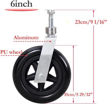 Ролики для інвалідних візків Переднє колесо для інвалідного візка з комплектом передньої вилки, нековзне, малошумне переднє колесо з поліуретану для інвалідних візків, суцільний ролик в зборі, маленьке коліщатко, чорне (розмір 6 дюймів/15 6 дюймів/15 см)