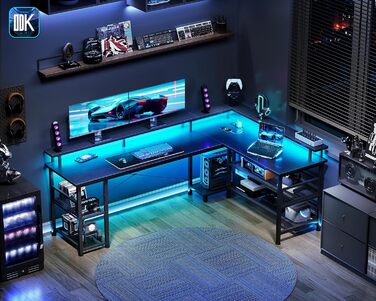 Ігровий стіл ODK зі світлодіодним освітленням, двосторонній ігровий стіл 168120 см з 2 розетками та 2 портами USB для зарядки, великий кутовий стіл із сітчастою полицею, чорний 168120 см чорний