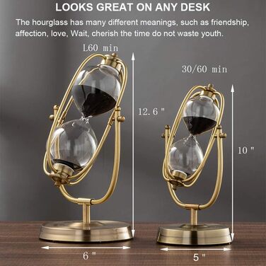 Пісочний годинник SuLiao для Uten, Поворотний на 720, Старовинний білий пісочний годинник, Вінтажний пісочний годинник 1 Hora Reloj de Arena, Великий метал, Пісочний годинник, Офіс, Письмовий стіл, Дім, Весільне оформлення (Чорний, 60 хв)