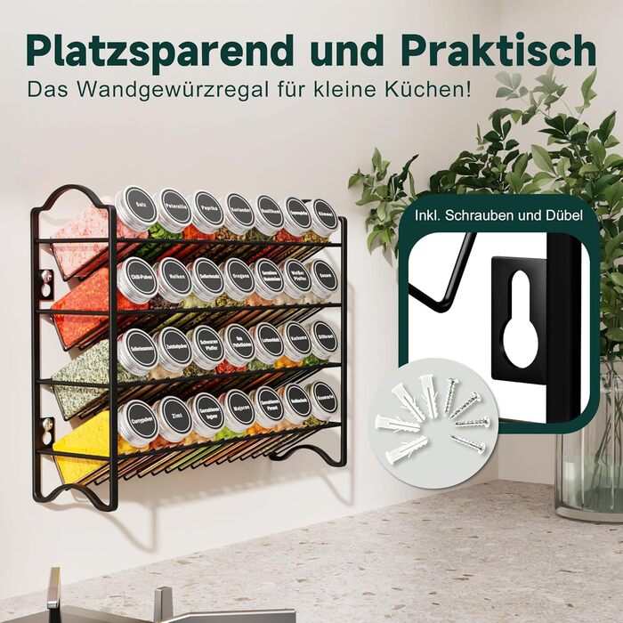Набір полиць для спецій з 28 баночками для спецій та 120 етикетками - Органайзер для спецій для кухні та шафи - Настінна або окремостояча полиця для спецій - Повна система зберігання спецій (чорний колір)