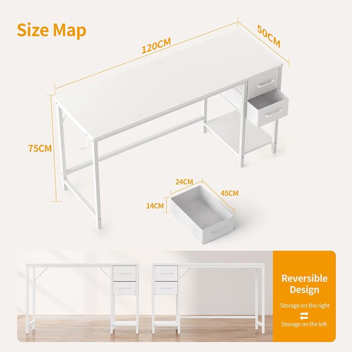 Письмовий стіл CubiCubi з 2 шухлядами та гачком для навушників, 1205075 см. Невеликий комп&39ютерний стіл, офісний стіл, для кабінету, спальні, металевий каркас, білий. 120 x 50 см Білий біла ручка
