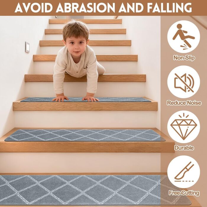 Килимки для сходів, 15 шт. , самоклеючі, для внутрішнього використання, 55 см x 19 см, протиковзкі, можна різати, для захисту домашніх тварин, людей похилого віку та дітей (світло-сірі)