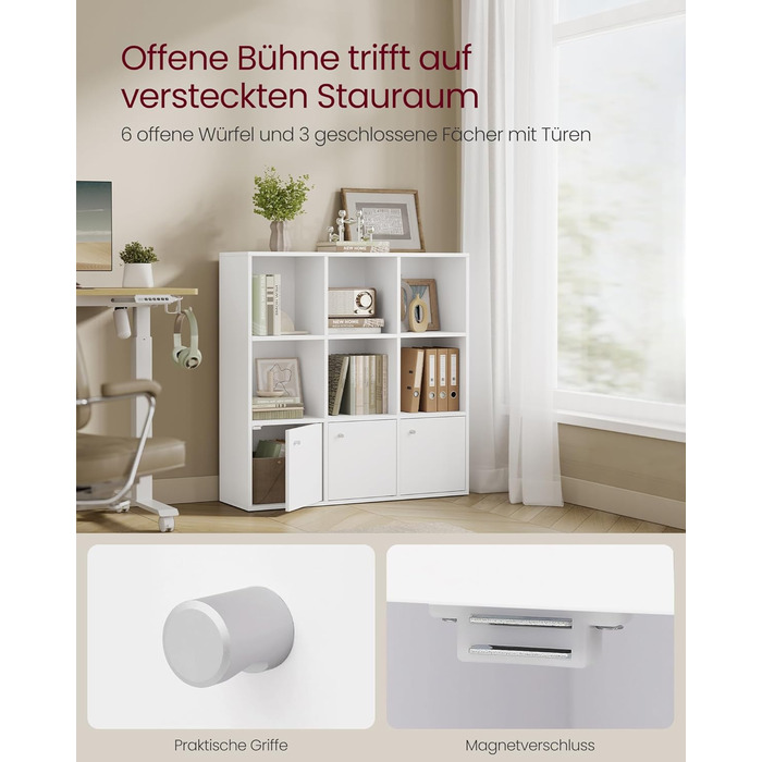 Книжкова полиця VASAGLE, 3-рівнева полиця, Відкрита полиця для зберігання, Окремостояча полиця, 29 x 97,5 x 97,5 см, 3 відділення з дверцятами, для вітальні, домашнього офісу, їдальні, Хмарно-білий LBC33WT