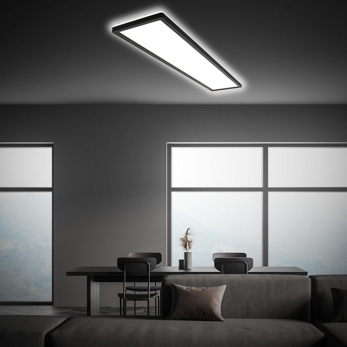 Стеля LED-панель BRILONER 98x20 см, 36Вт 4800лм, з непрямим світлом, ультратонка (3 см), нейтральний білий колір, чорна прямокутна люстра для вітальні та кухні