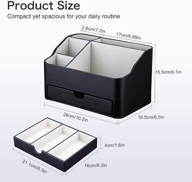 Органайзер для косметики KINGFOM, органайзер для макіяжу зі штучної шкіри з шухлядою, органайзер для догляду за шкірою для туалетного столика (чорний)