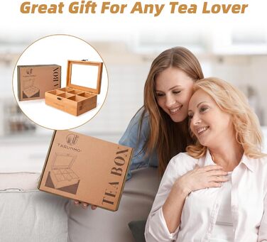 Чайна коробка, бамбук, 6 відділень, чайна скринька з оглядовим віконцем, органайзер для чайних пакетиків, ВxШxГ приблизно 22 x 16 x 9 см, натуральний колір, (1-221609)